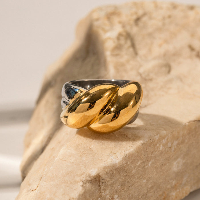 18K Gold Stainless Steel Wave Pattern Ring with Pearl Inlay