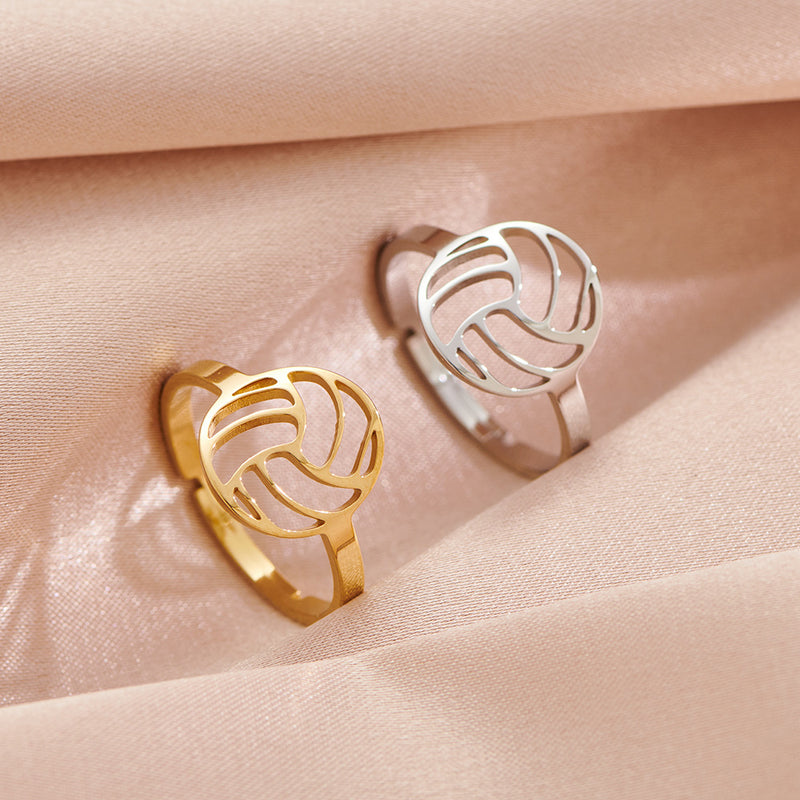 Stainless steel hollow volleyball rings, 18K gold electroplated open geometric rings wholesale
