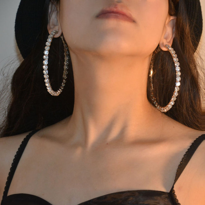 Exaggerated Rhinestone Hoop Earrings - Sparkling Large Dangles for a Chic Look