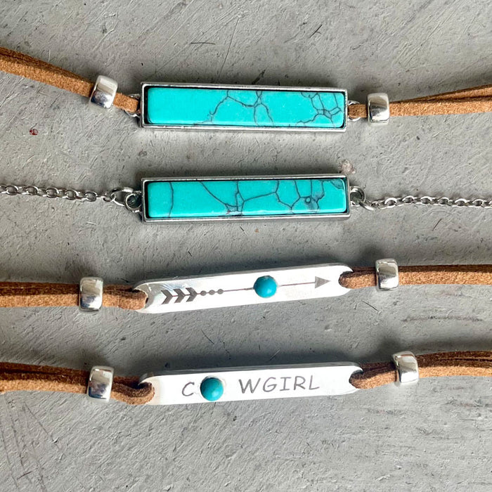 Minimalist Western Cowboy Necklace with Geometric Turquoise Pendant on Leather Cord