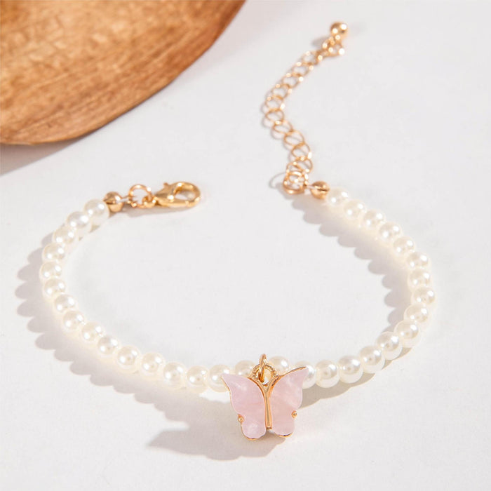 European Korean Fresh Pink Butterfly Pendant Bracelet - Luxury Faux Pearl Beaded Jewelry