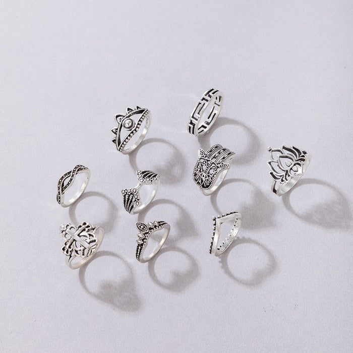 Retro style lotus totem cross nine-piece ring set all-match