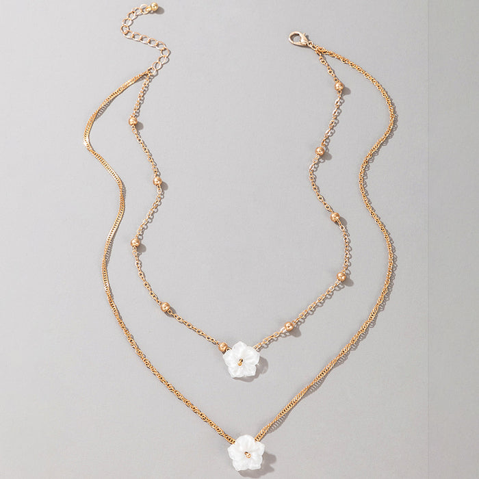 Minimalist White Flower Bead Necklace - Elegant Double-Layer Acrylic Choker