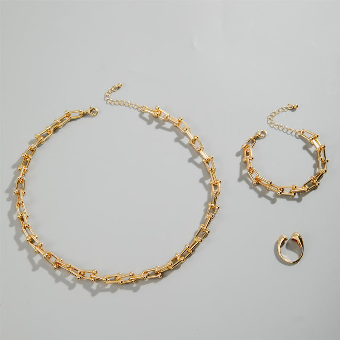 Bold U-Shape Chain Necklace and Gold Open Ring Set