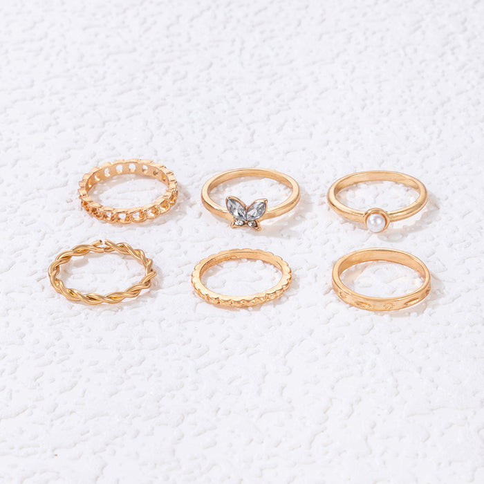 Butterfly diamond pearl ring set, geometric irregular braided pattern six-piece set