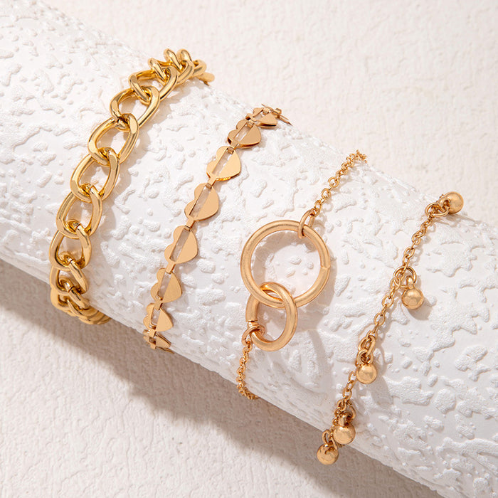 Double Circle Chunky Chain Bracelet Set - Four-Piece Minimalist Bangle Jewelry