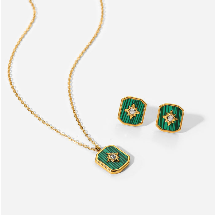 18K Gold-Plated Eight-Pointed Star Pendant Necklace with Green Malachite - Women's Fashion Jewelry