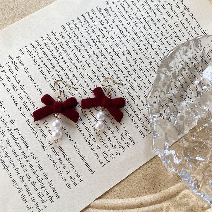 Red velvet bow earrings autumn and winter pearl earrings