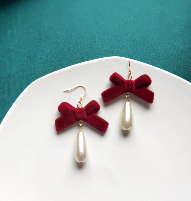 Bow Pearl Earrings Retro Japanese S925 Silver Needle Wine Red Earrings