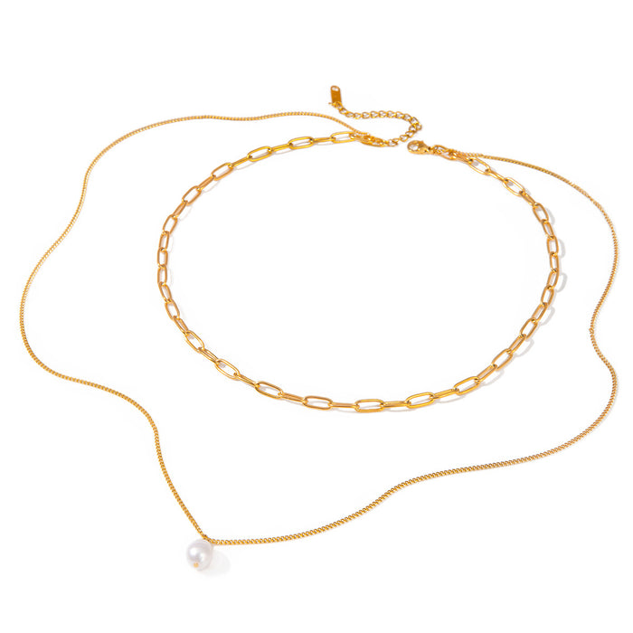 Style 18K Gold-Plated Stainless Steel Pearl Necklace - Double Layer Chain with Return Link Design