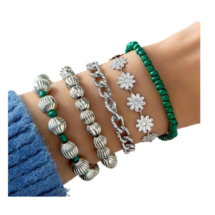 Simple Geometric Open Cuff Bracelet Set - Four-Piece Flower and Stone Jewelry