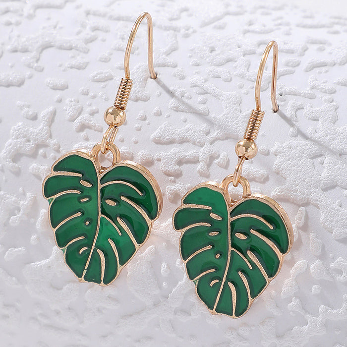 Pendientes de metal verde con forma de hoja con simulación de temperamento retro a la moda