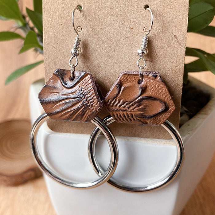 Vintage Embossed Leather Earrings with Metal Hoop Design