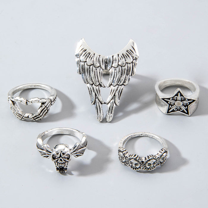 Dark Hip-Hop Wing Heart Ring Set - Five-Piece Knuckle Set for Women