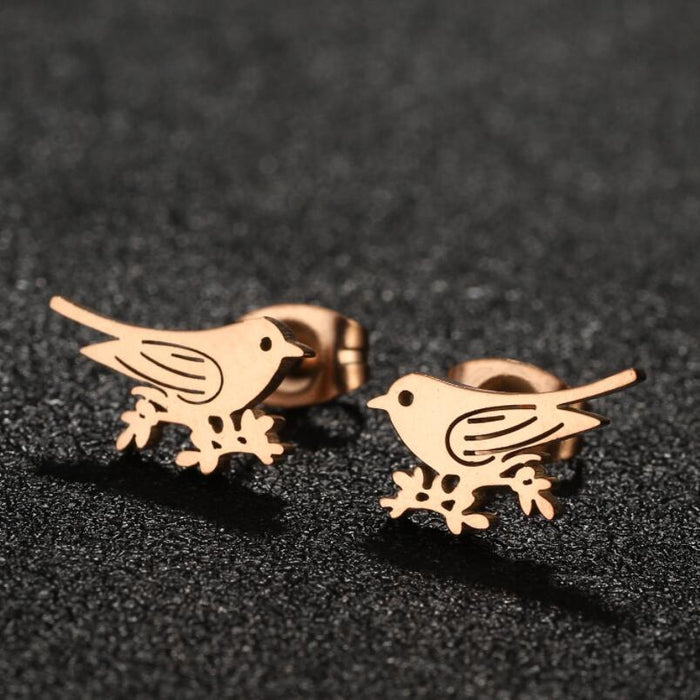 Spring Bird and Flower Stainless Steel Stud Earrings - Fresh and Elegant 18K Gold Plated Jewelry