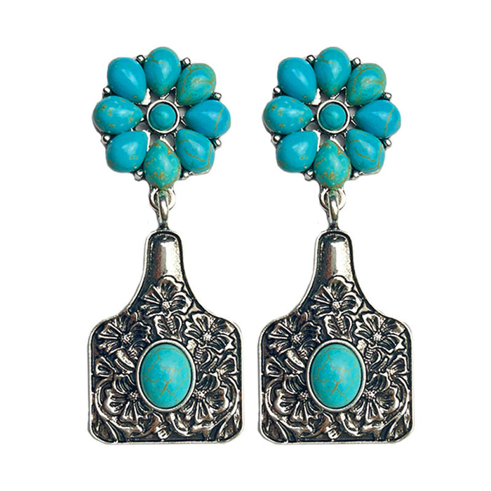 Vintage Ethnic Turquoise Flower Earrings with Bull Tag and Alloy Design