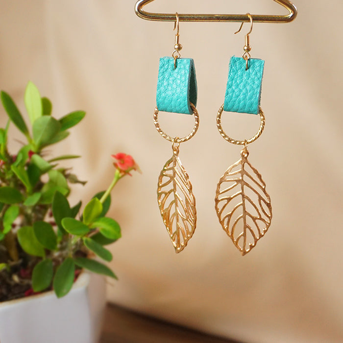 Cross-Border Trendy Earrings with Creative Leaf Design and Leather Elements