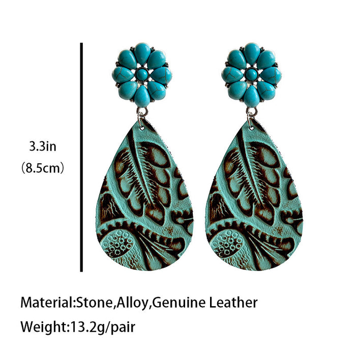 Embossed Leather Earrings with Bohemian Floral Turquoise and Pumpkin Flower Design