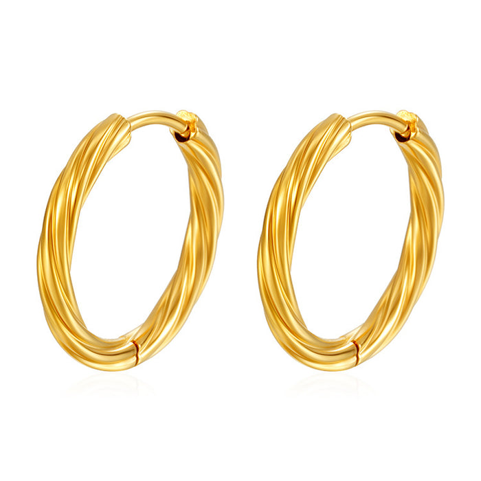 Twisted stainless steel earrings for women, simple 18K gold plated round earrings