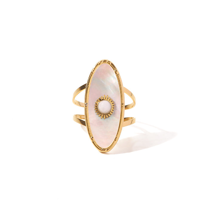 18K Gold Stainless Steel Pearl Ring with Natural Stone Inlay