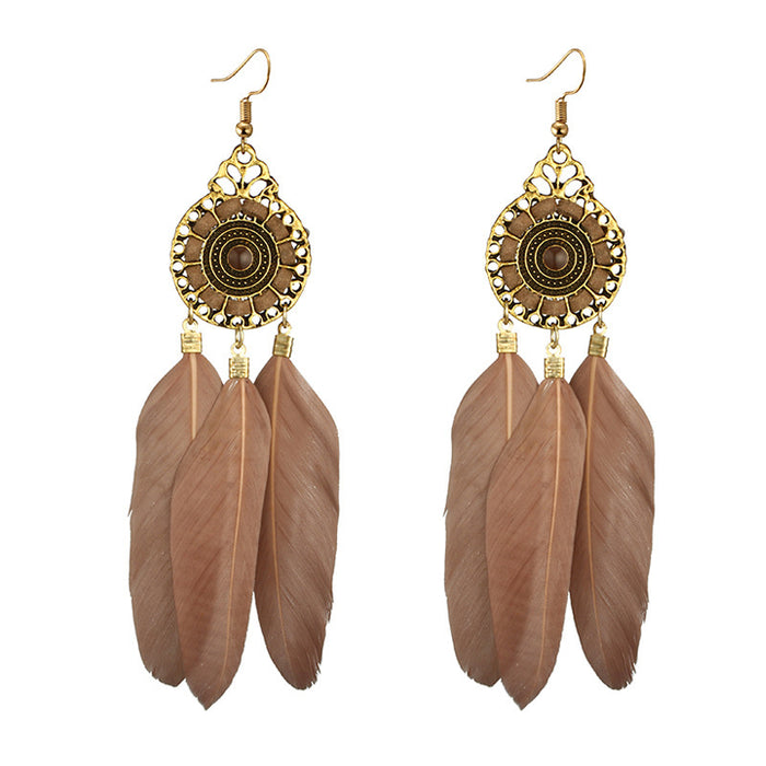 Ethnic style feather long earrings gold leaf round bead earrings