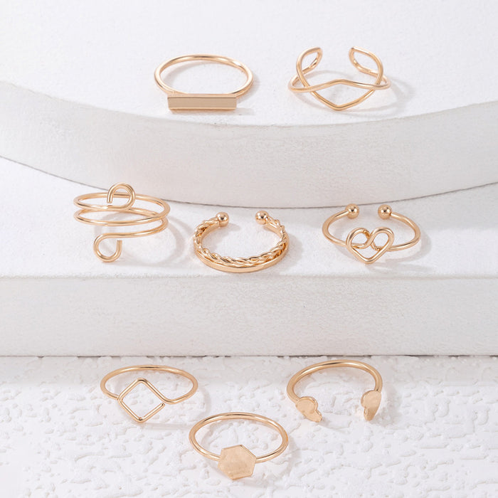 Hollow Heart Ring Set - 8-Piece Simple Geometric Twisted Rings