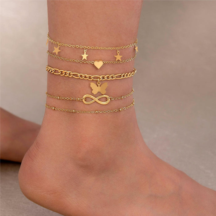 Fashionable Heart Pendant Anklet Set – Multi-Layered Design with Rhinestone Details