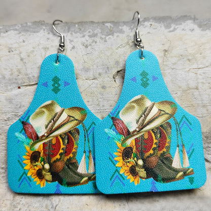 Cross Teardrop Leather Earrings with Western Flag Sunflower and Boot Design