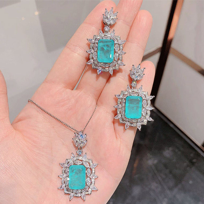 Luxury retro blue-green colored gemstone pendant necklace earring set