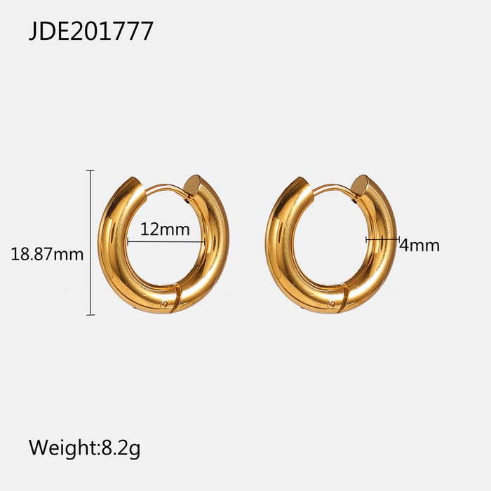 Trending European 18K Gold Plated 4mm Thick 12mm Diameter Classic Stainless Steel Hoop Earrings for Women