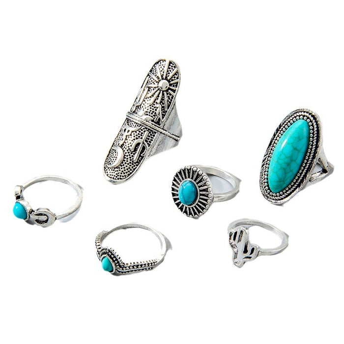 Bohemian Turquoise Cactus Ring Set - 6pcs Vintage Moon Rings