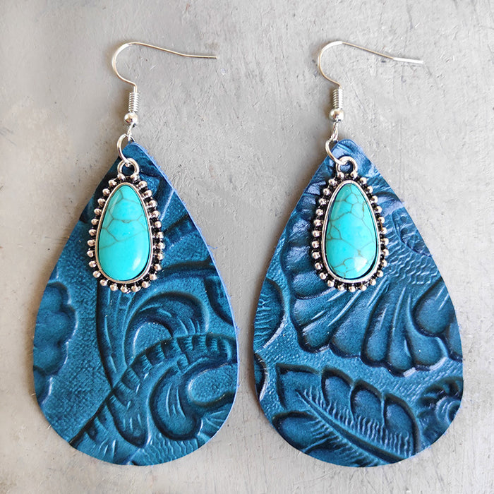 Bohemian Cowhide Leather Earrings with Bullhead and Turquoise Design