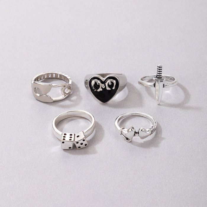 Creative metal heart sword retro ring five-piece set