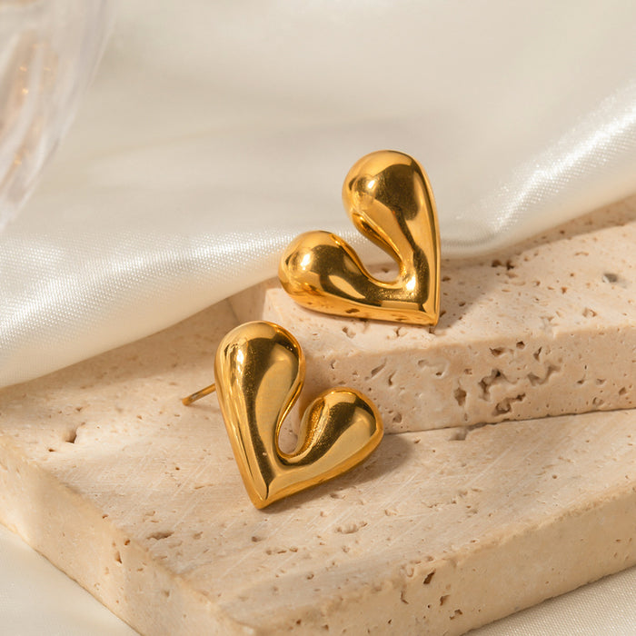 18K Gold Stainless Steel Stud Earrings - Liquid Heart Design Jewelry