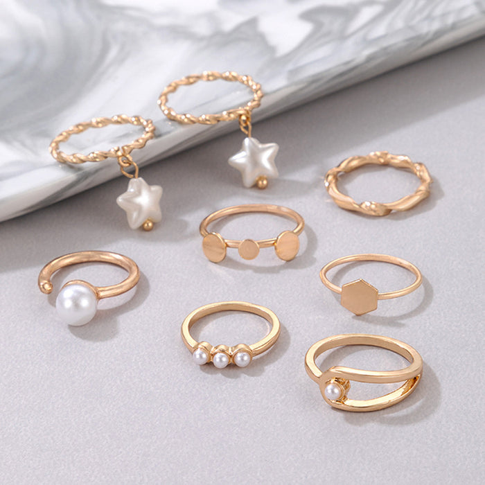 Pearl five-pointed star inlaid ring set, geometric irregular simple eight-piece set