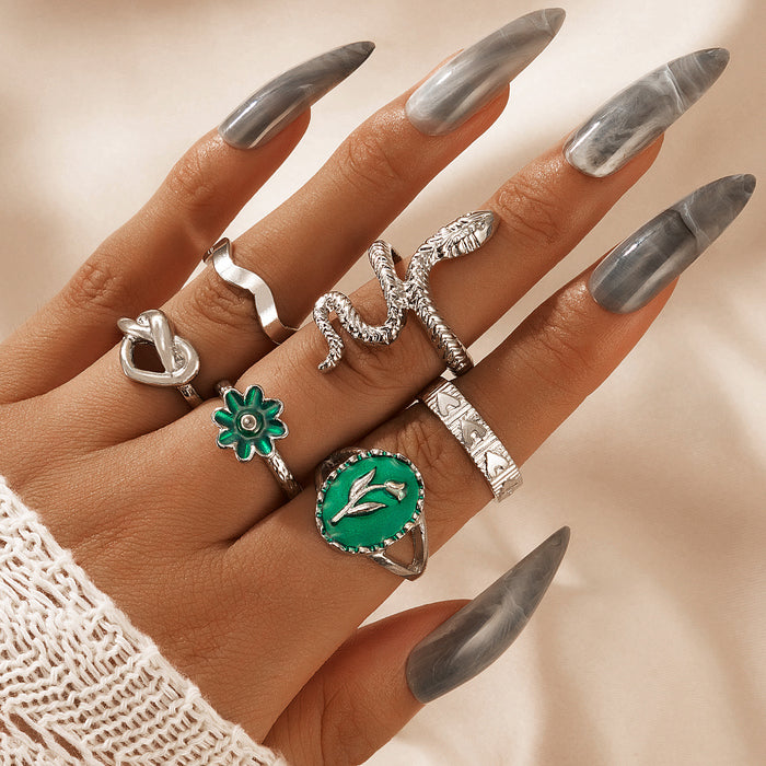 Bohemian Snake Green Oil Drop 6-Piece Ring Set