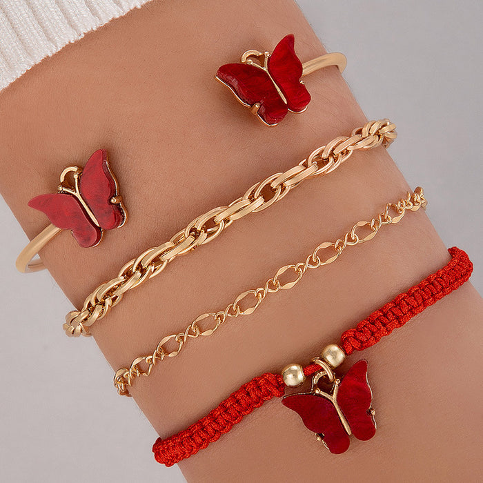 Red Rope Butterfly Bracelet Set - Four-Piece Chain Jewelry for Women