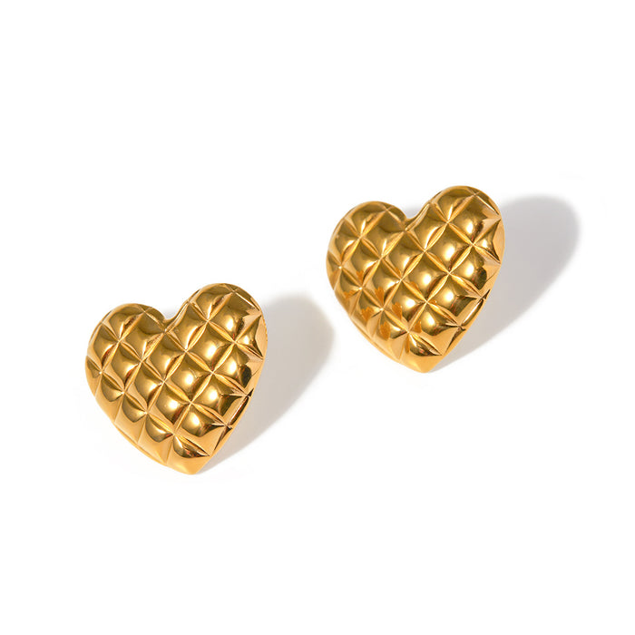 18K Gold Stainless Steel Quilted Heart Earrings - Titanium Steel Non-Fading Grid Design