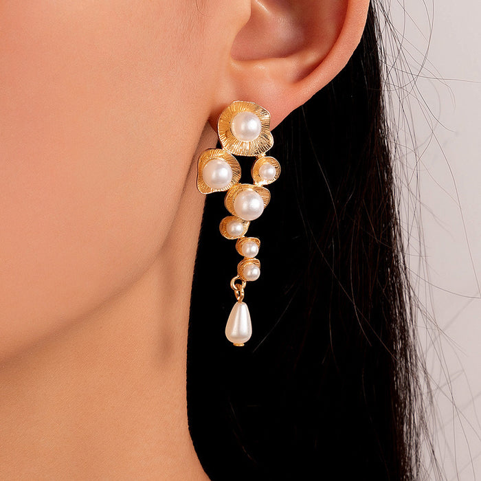 Lotus leaf pearl inlaid earrings geometric irregular light luxury earrings