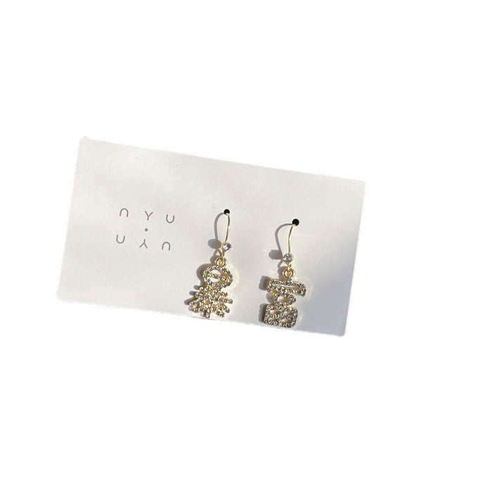 Diamond-studded text earrings, fun girlish design earrings for the New Year