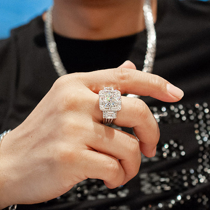 Anillo de lujo para hombre con circonita cuadrada en forma de T bañado en oro blanco y cobre lleno de pequeños diamantes