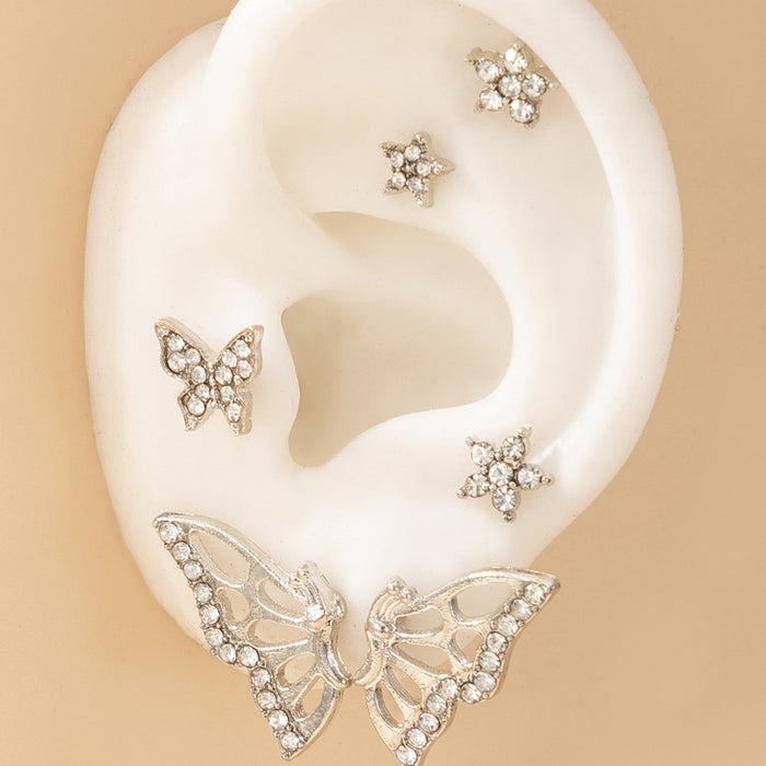 Juego de pendientes de plata personalizados con forma de hueso de oreja y mariposa de diamantes