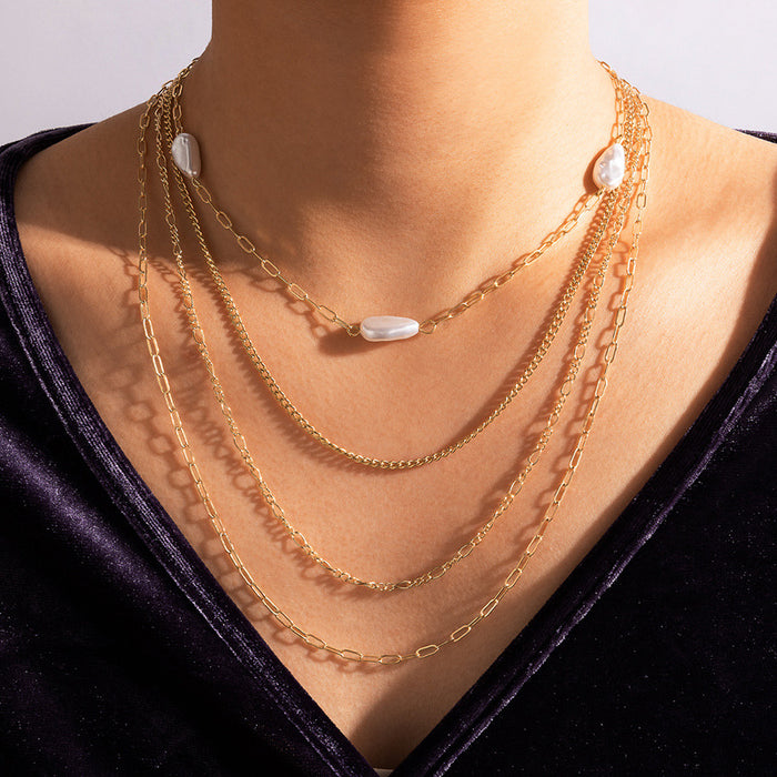 Baroque Style Pearl Chain Four-Layer Necklace with Irregular Geometric Elements