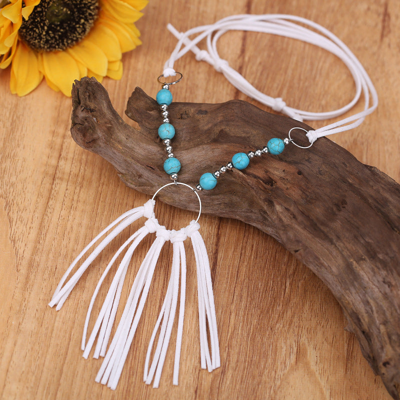 Turquoise Leather Fringe Necklace with Vintage Bohemian and Korean Velvet Details