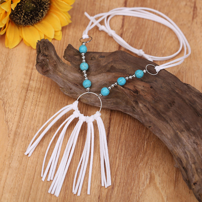 Turquoise Leather Fringe Necklace with Vintage Bohemian and Korean Velvet Details - wallojewerly 