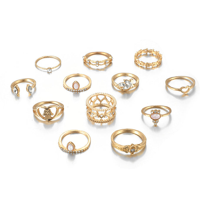 12-piece diamond open geometric heart ring set