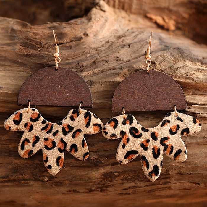 Wooden Leaf Leopard Earrings