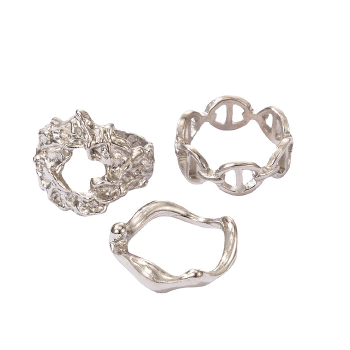 Geometric imitation chain silver ring 3-piece set