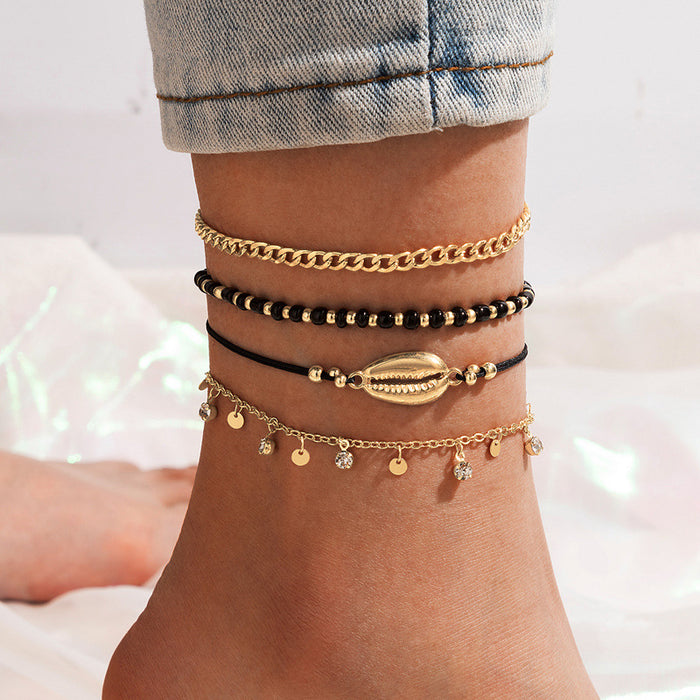 New Shell and Bead Anklet Set - Trendy Four-Layer Ankle Bracelets