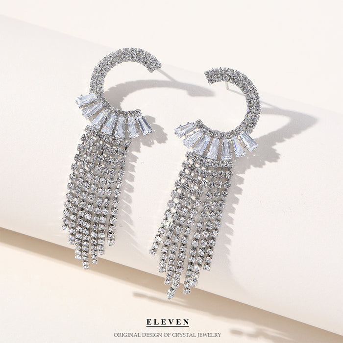 Korean C-Letter Zircon Earrings - Full Rhinestone Tassel Dangles for a Sophisticated Look